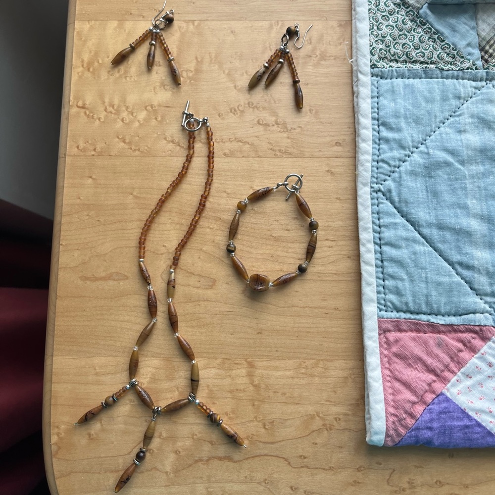 Brown Beaded Necklace, Bracelet and Earrings Set
